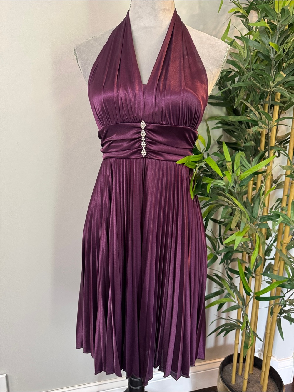 Taboo Deep Plum Halter Pleated Cocktail Dress with Rhinestone Detail